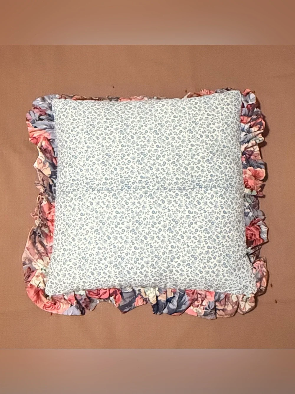 Cottagecore Decorative Heart & Leaf Appliqué Throw Pillow in Blue and Pink